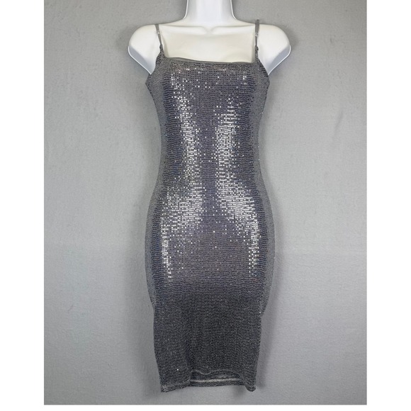AKIRA Dresses & Skirts - Akira Silver Sequin Bodycon Midi Dress M Glam Y2K Clubwear Baddie Club Kid Disco